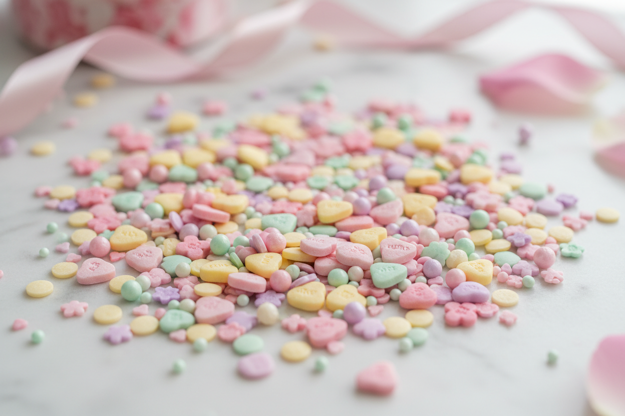 Be Mine Mix**

**Colors:** Conversation heart pastels (pink, yellow, lavender, mint)
**Sprinkle Mix:** Mini hearts, nonpareils, candy shapes
**Label Description:**
*A classic Valentine sprinkle inspired by candy hearts and sweet moments.*
