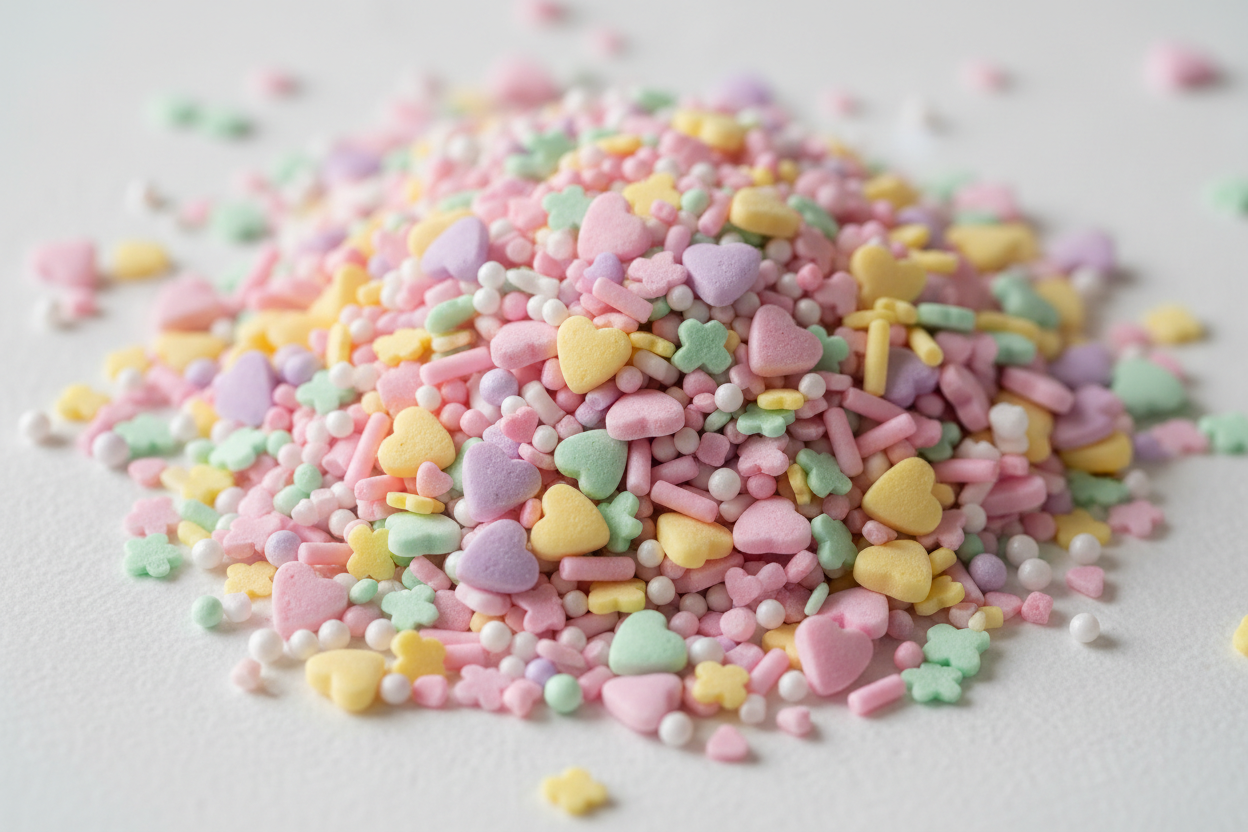 Be Mine Mix**

**Colors:** Conversation heart pastels (pink, yellow, lavender, mint)
**Sprinkle Mix:** Mini hearts, nonpareils, candy shapes
**Label Description:**
*A classic Valentine sprinkle inspired by candy hearts and sweet moments.*