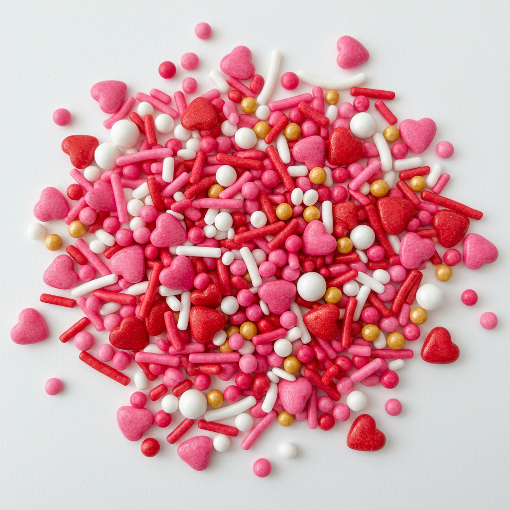 Cupid’s Confetti**

**Colors:** Hot pink, red, white, gold
**Sprinkle Mix:** Hearts, jimmies, sugar pearls, confetti dots
**Label Description:**
*A playful mix of love, sparkle, and sweetness—perfect for Valentine treats.*