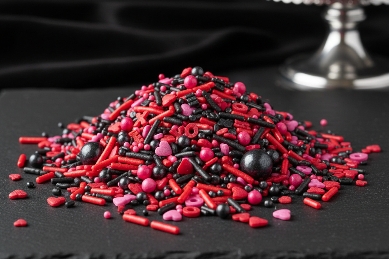 Heartbreaker Blend**

**Colors:** Black, red, hot pink
**Sprinkle Mix:** Hearts, rods, shimmer pearls
**Label Description:**
*Bold, dramatic, and perfect for statement treats.* Including xo letters