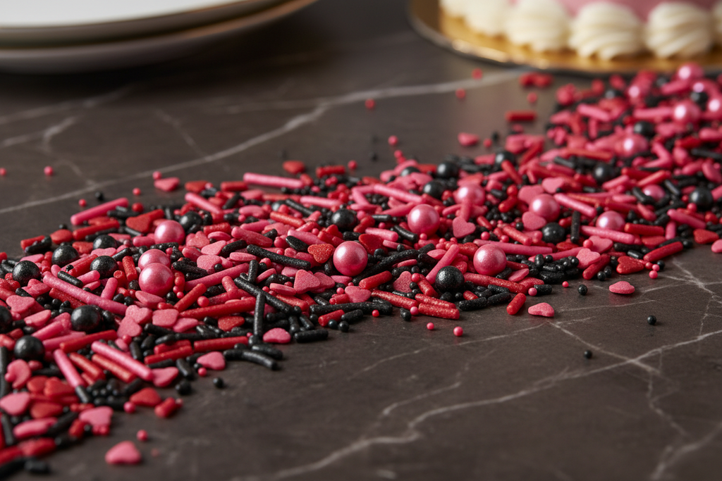 Heartbreaker Blend**

**Colors:** Black, red, hot pink
**Sprinkle Mix:** Hearts, rods, shimmer pearls
**Label Description:**
*Bold, dramatic, and perfect for statement treats.*