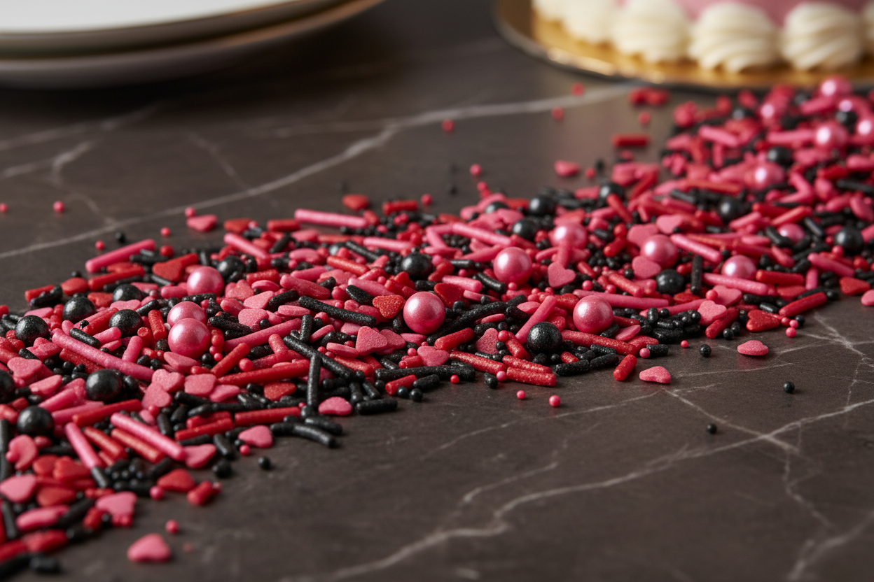 Heartbreaker Blend**

**Colors:** Black, red, hot pink
**Sprinkle Mix:** Hearts, rods, shimmer pearls
**Label Description:**
*Bold, dramatic, and perfect for statement treats.*