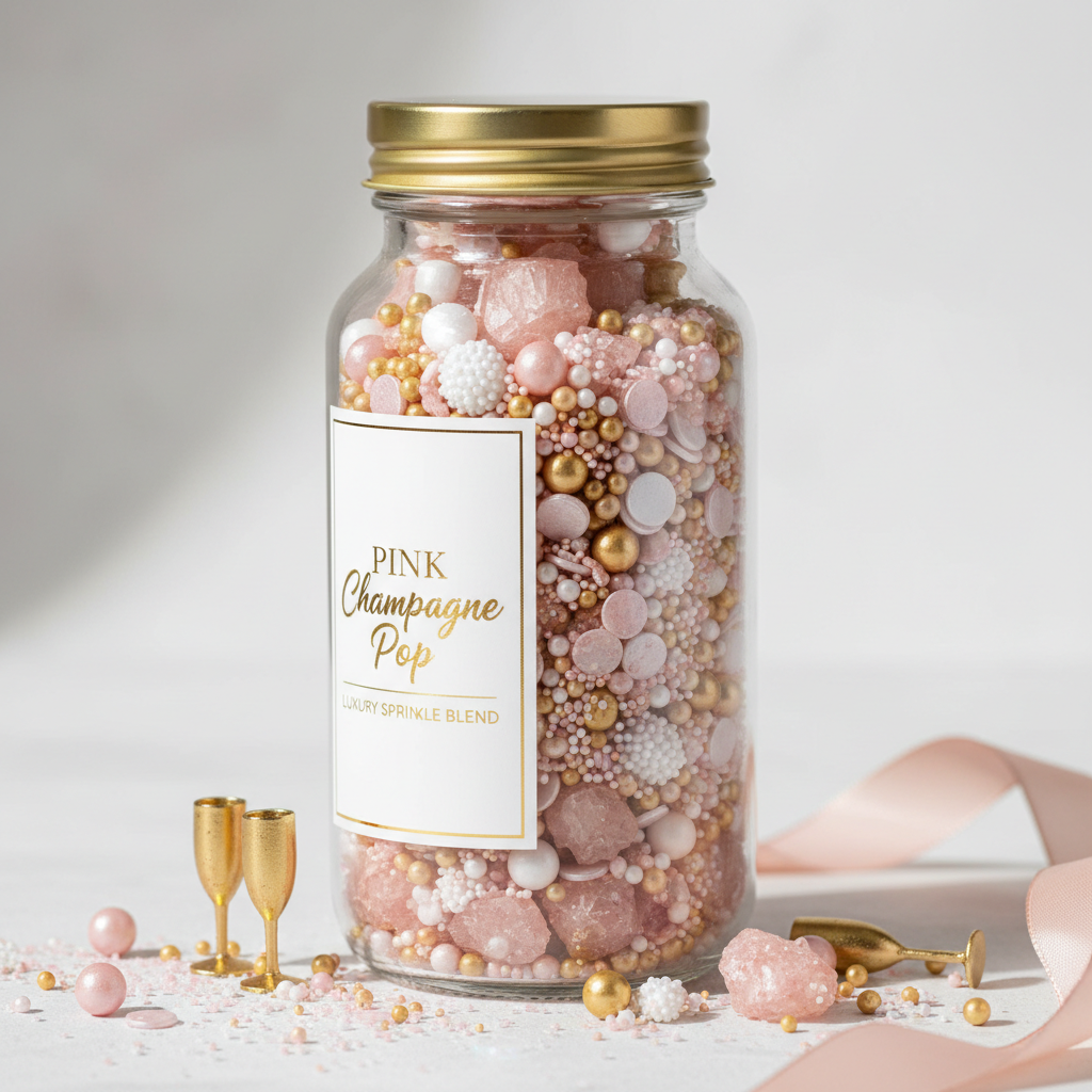 Pink Champagne Pop**

**Colors:** Soft pink, gold, white
**Sprinkle Mix:** Sugar crystals, pearls, bubbles
**Label Description:**
*Celebrate love with a sparkling, bubbly-inspired blend.*