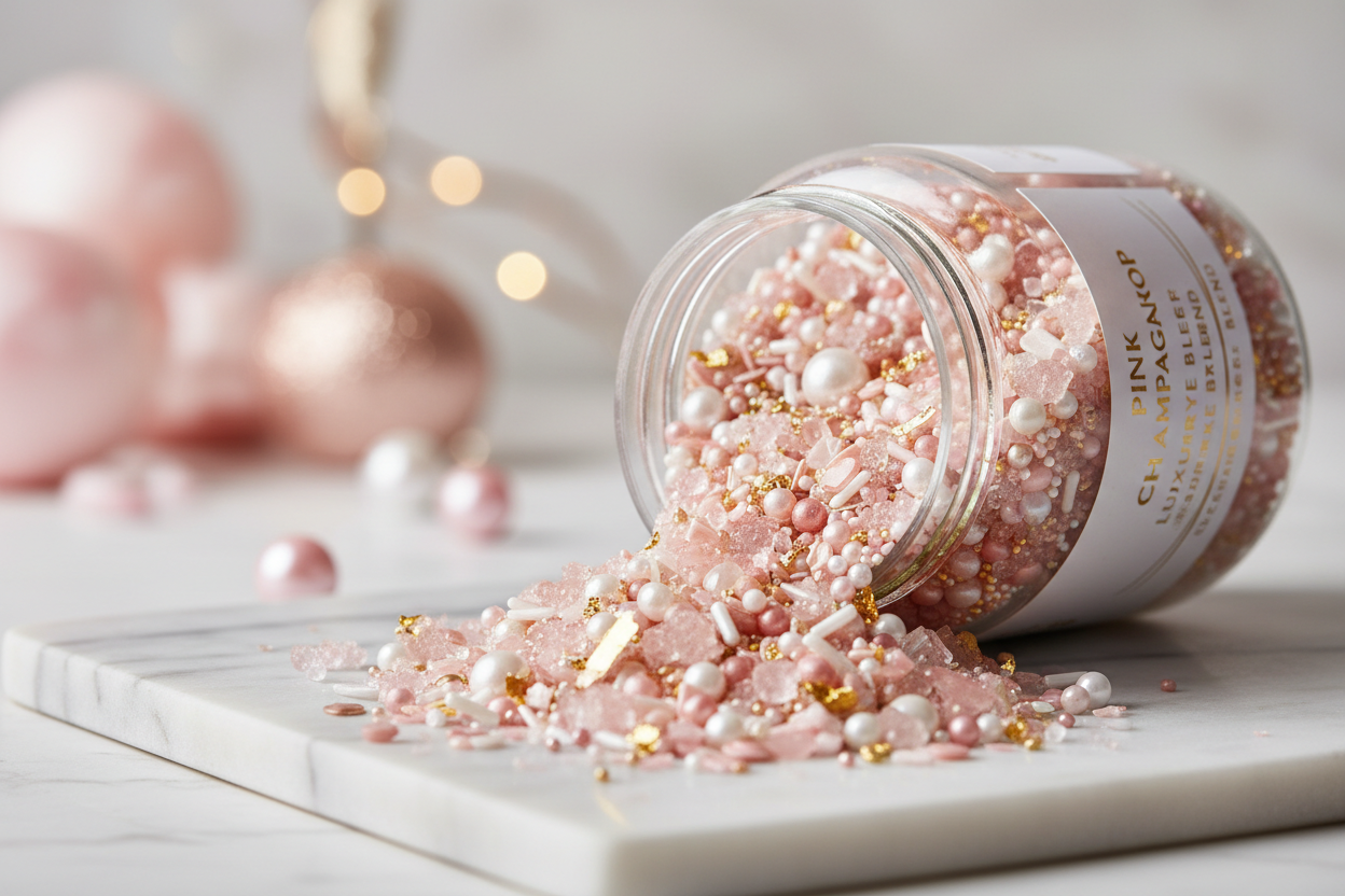 Pink Champagne Pop**

**Colors:** Soft pink, gold, white
**Sprinkle Mix:** Sugar crystals, pearls, bubbles
**Label Description:**
*Celebrate love with a sparkling, bubbly-inspired blend.*