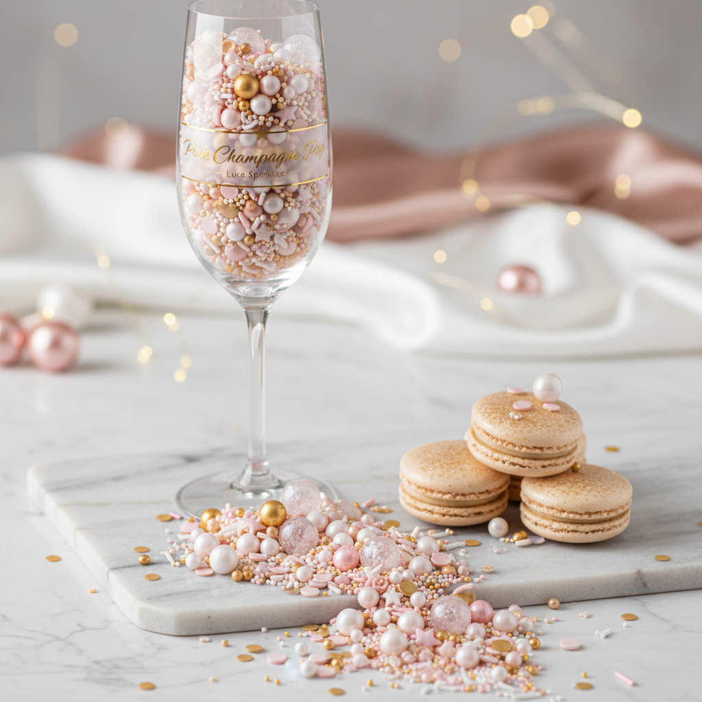 Pink Champagne Pop**

**Colors:** Soft pink, gold, white
**Sprinkle Mix:** Sugar crystals, pearls, bubbles
**Label Description:**
*Celebrate love with a sparkling, bubbly-inspired blend.*