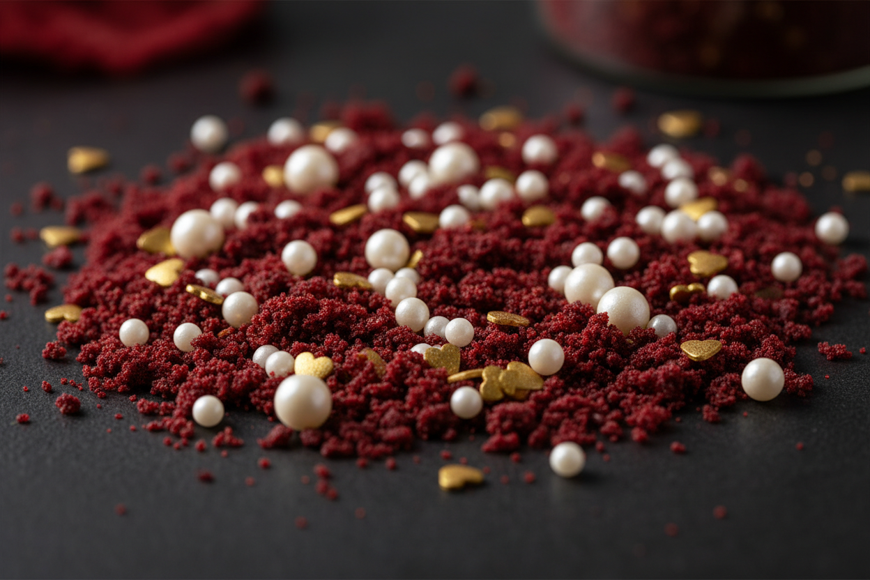 Red Velvet Romance**

**Colors:** Deep red, cream, gold
**Sprinkle Mix:** Velvet crumbs, pearls, heart shapes
**Label Description:**
*A rich and elegant blend inspired by classic red velvet desserts.*
