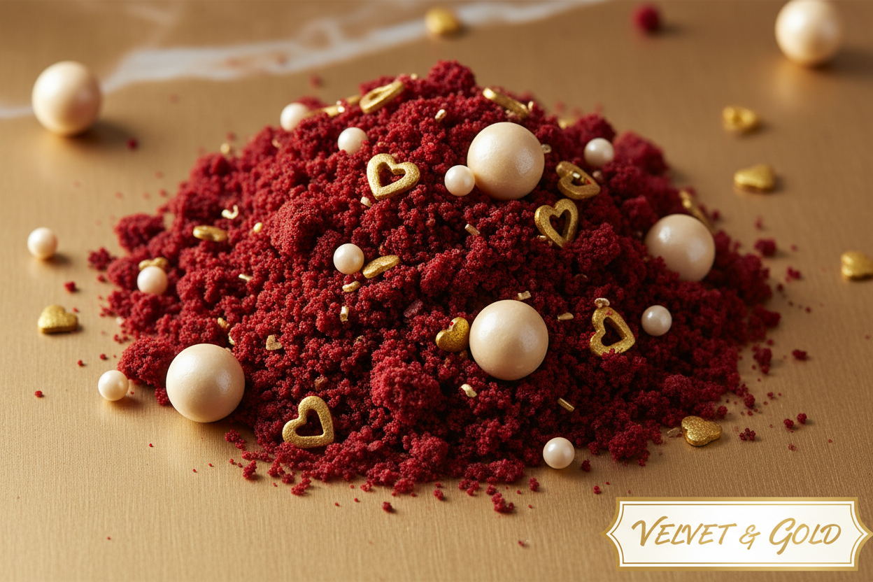 Red Velvet Romance**

**Colors:** Deep red, cream, gold
**Sprinkle Mix:** Velvet crumbs, pearls, heart shapes
**Label Description:**
*A rich and elegant blend inspired by classic red velvet desserts.*