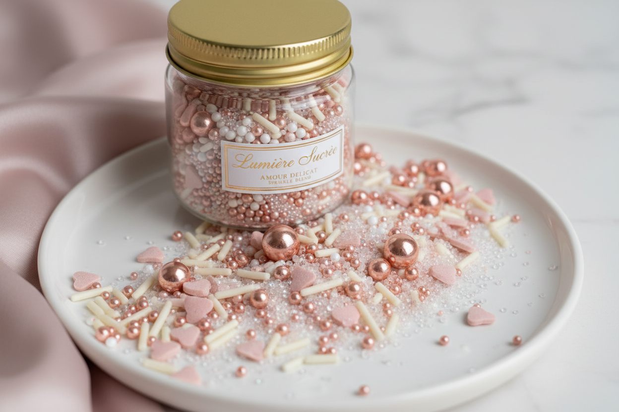 Rose Gold Romance**

**Colors:** Rose gold, blush, ivory
**Sprinkle Mix:** Metallic pearls, hearts, rods
**Label Description:**
*A luxury sprinkle blend for upscale Valentine desserts.*