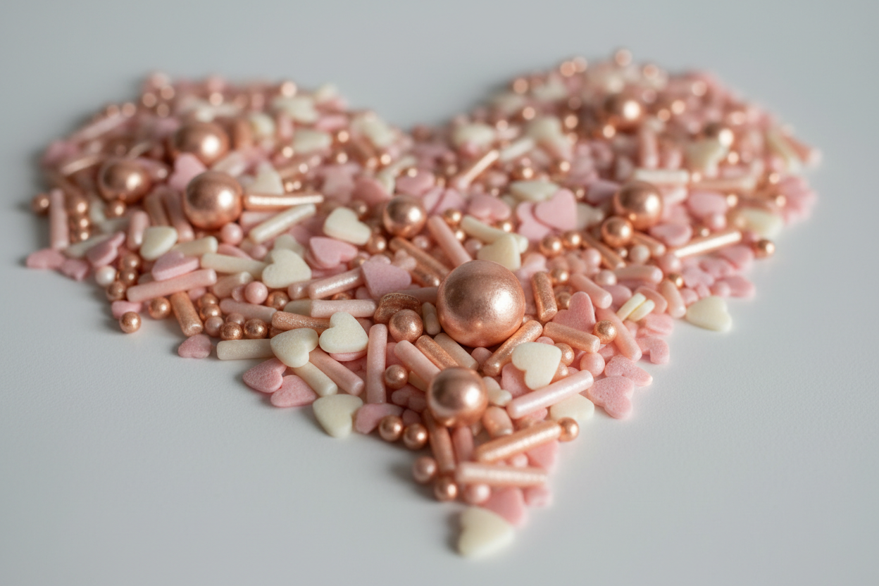 Rose Gold Romance**

**Colors:** Rose gold, blush, ivory
**Sprinkle Mix:** Metallic pearls, hearts, rods
**Label Description:**
*A luxury sprinkle blend for upscale Valentine desserts.*
