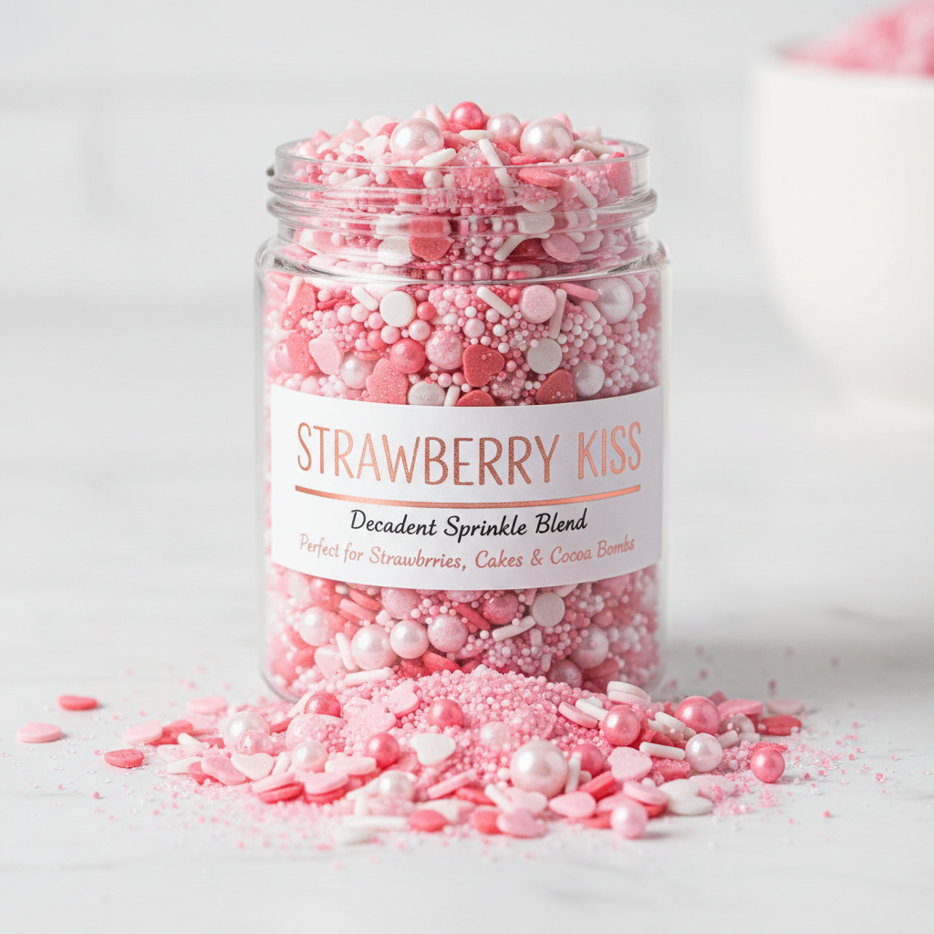 Strawberry Kiss**

**Colors:** Strawberry pink, blush, white
**Sprinkle Mix:** Heart quins, sanding sugar, pearls
**Label Description:**
*Soft, sweet, and berry-inspired—made to top strawberries, cakes, and cocoa bombs.*
