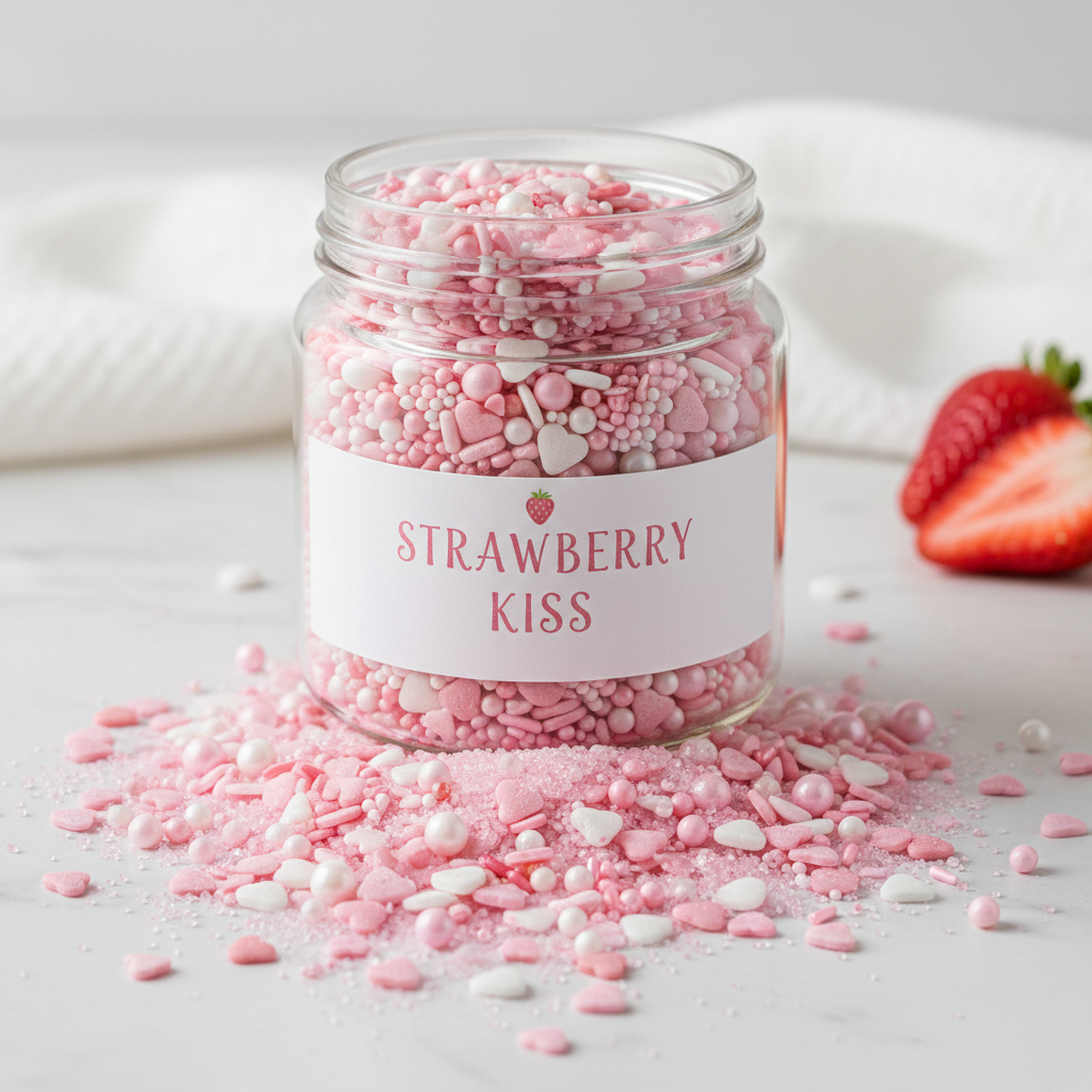 Strawberry Kiss**

**Colors:** Strawberry pink, blush, white
**Sprinkle Mix:** Heart quins, sanding sugar, pearls
**Label Description:**
*Soft, sweet, and berry-inspired—made to top strawberries, cakes, and cocoa bombs.*
