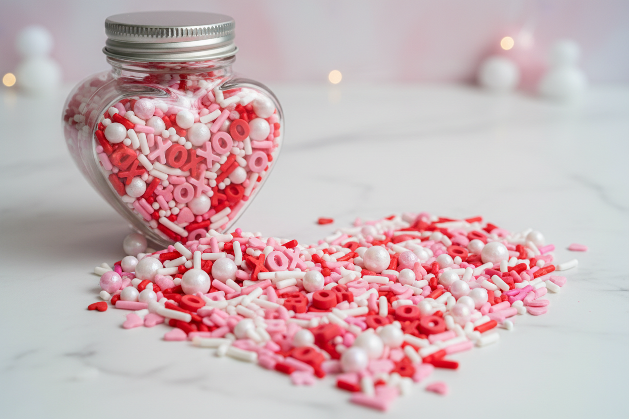 XOXO Crunch**

**Colors:** Pink, red, white
**Sprinkle Mix:** Candy letters, crunch pearls, jimmies
**Label Description:**
*A fun and festive mix full of hugs, kisses, and crunch.*