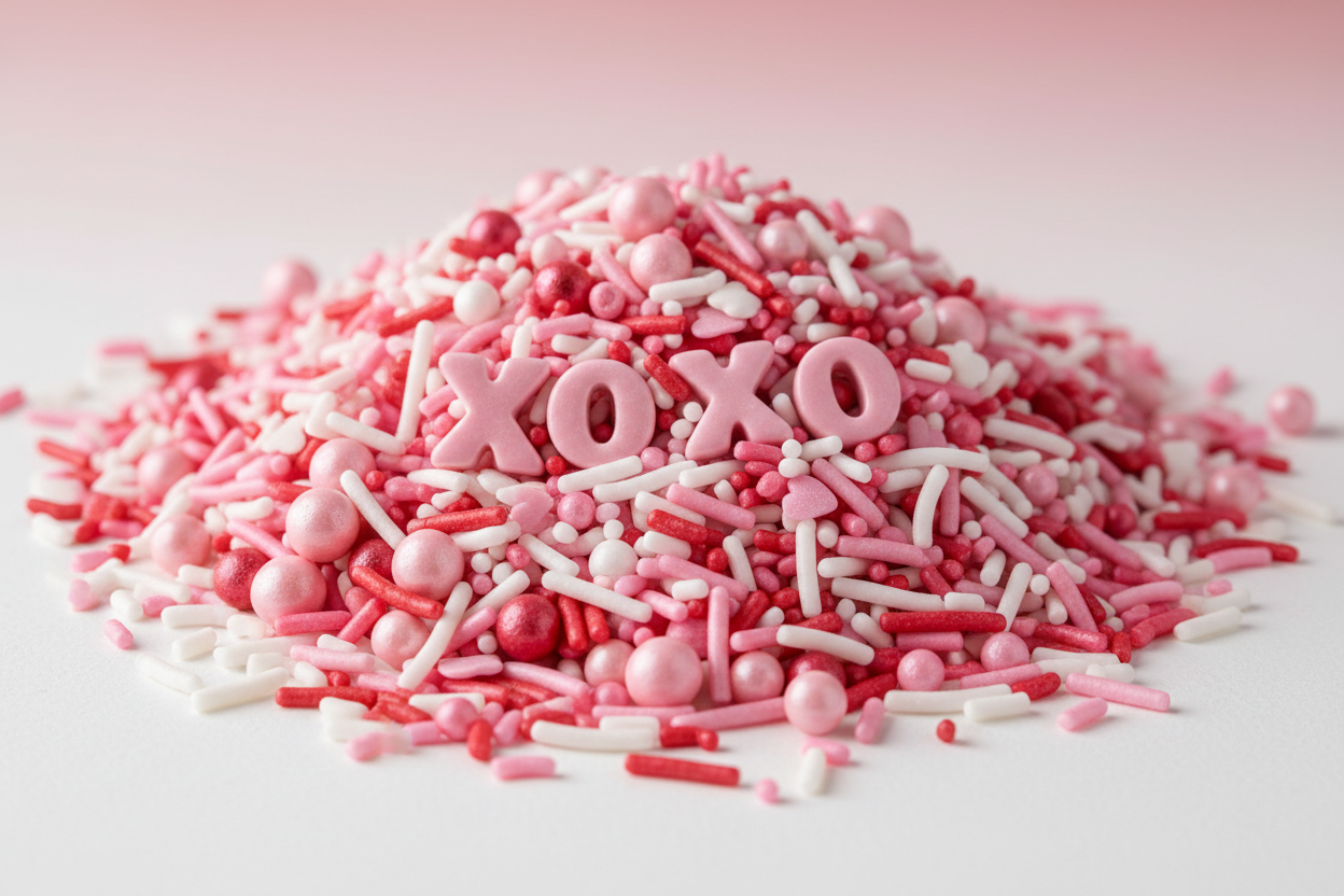 XOXO Crunch**

**Colors:** Pink, red, white
**Sprinkle Mix:** Candy letters, crunch pearls, jimmies
**Label Description:**
*A fun and festive mix full of hugs, kisses, and crunch.*